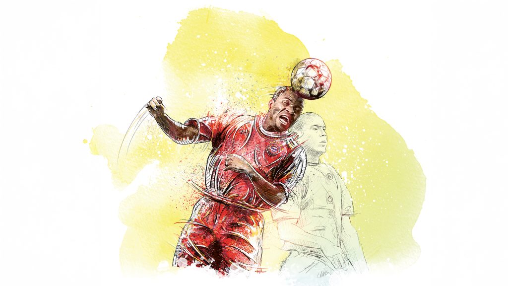 Illustration of Sammy Kuffour in an aerial duel