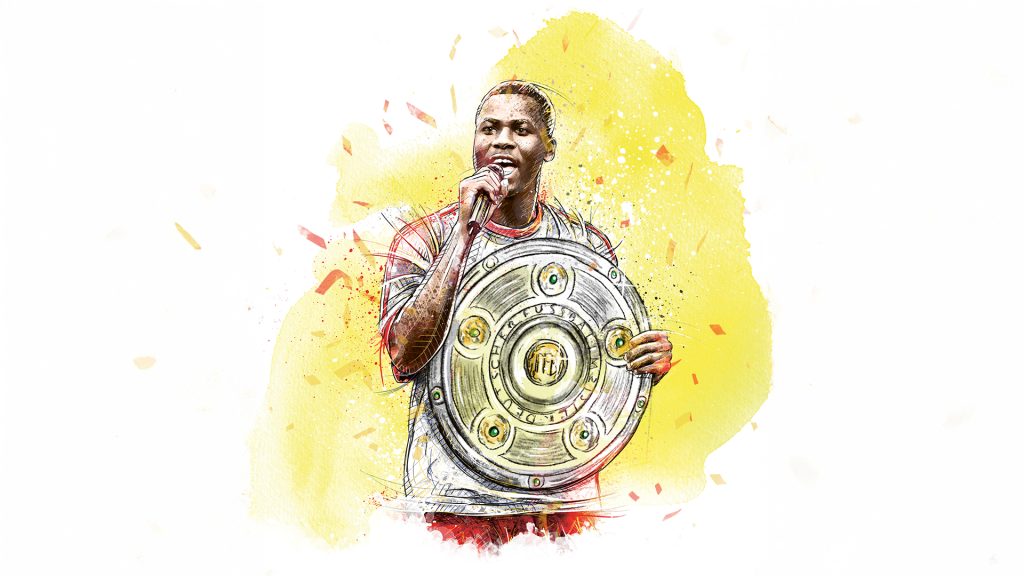 Illustration of Sammy Kuffour with the Meisterschale and a microphone in his hand