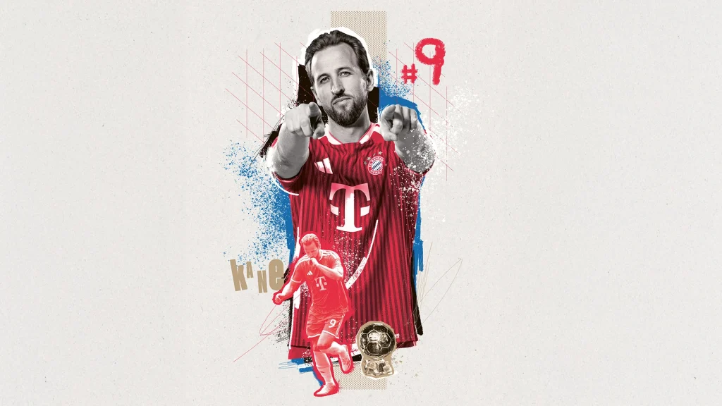 Illustration of Harry Kane with portraits, the number nine and the Ballon d'Or