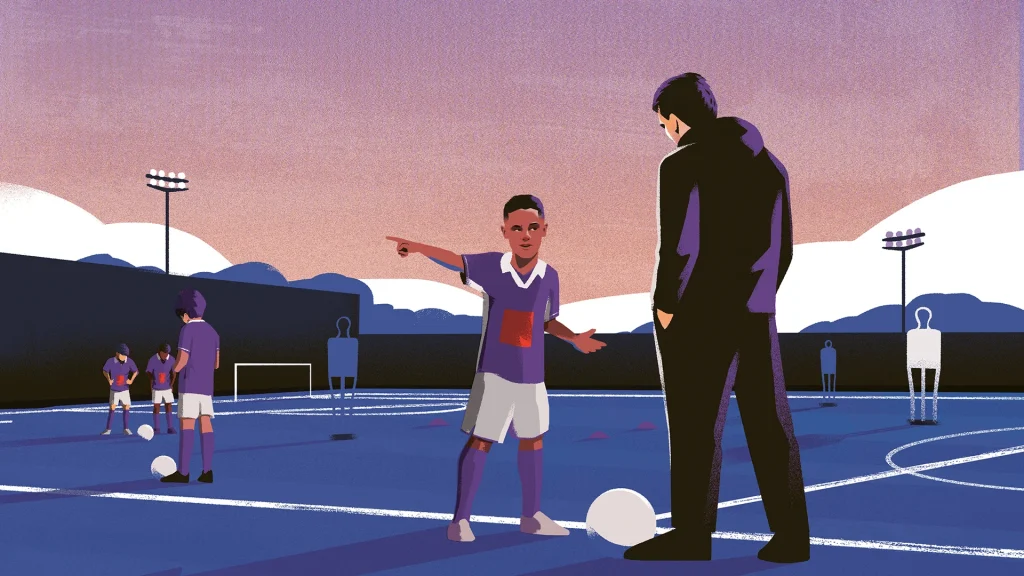 Illustration: Albert Martens talks to the young Vincent Kompany on the pitch