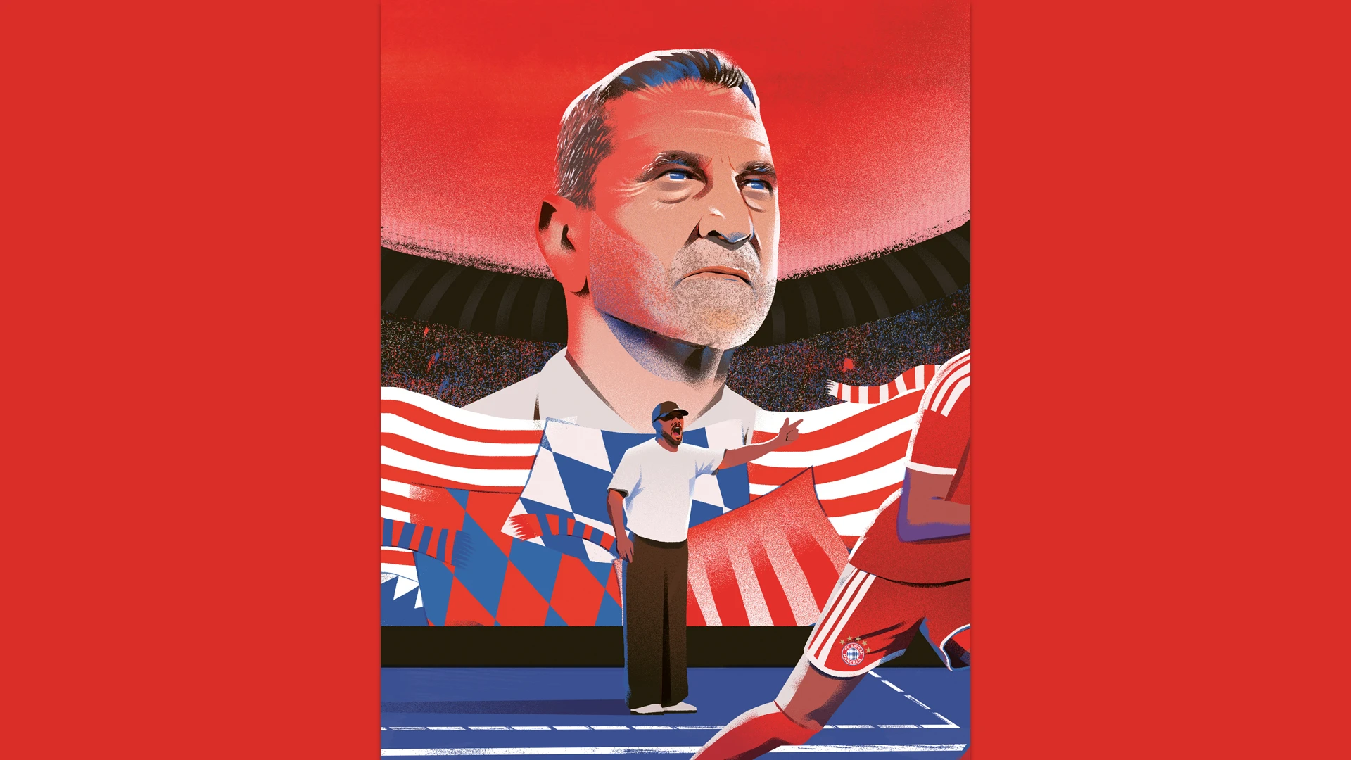 Illustration: Albert Martens looks over Vincent Kompany coaching on the touchline