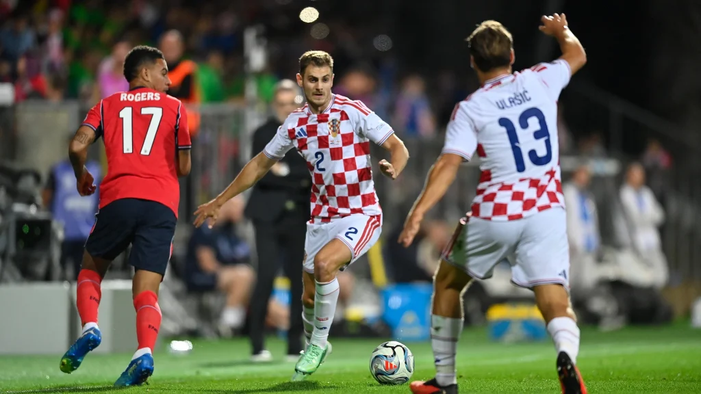 Josip Stanisic on the ball for Croatia against England.