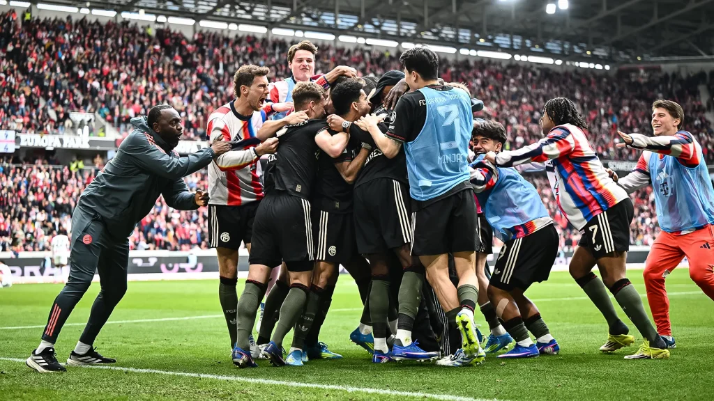 Wild celebrations during FC Bayern’s game at SC Freiburg in the Bundesliga